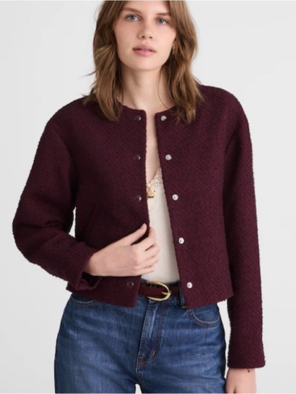 NWT Madewell Bouclé Snap-Front Jacket in Deep Burgundy